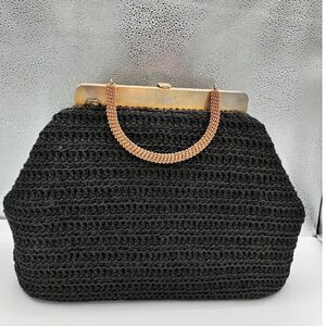 Vintage Crochet Handbag Purse Top Handle Bag‎ Black Woven Evening Bag